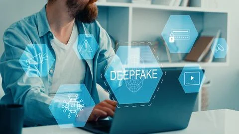 Person using laptop with deep fake technology icons in a modern office setting Stock Photos