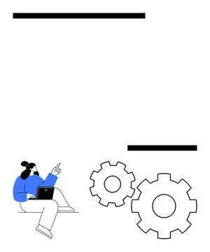 Person Using Laptop with Gears Symbolizing System Configuration and Problem.. Stockillustratie