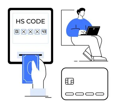 Person using laptop, hand inserting money into slot under HS code on screen,  Stock Illustration