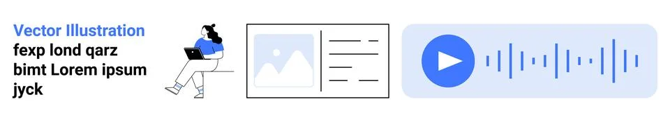 Person using a laptop, image with text, play button with audio waveform. Idea Illustrazione stock