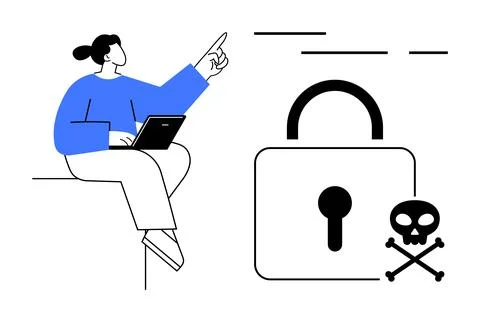 Person Using Laptop Next to a Large Lock Symbol with Skull and Crossbones Illustrazione stock