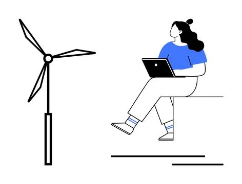 Person Using Laptop Next to Wind Turbine Promoting Renewable Energy and Rem.. Stockillustratie