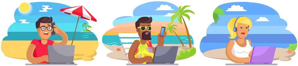 Person using laptop on ocean beach shore. Business people tourist working during Illustrazione stock