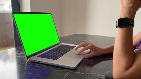 Person using laptop, side view, with chroma key display at a table Stock Footage 345361648