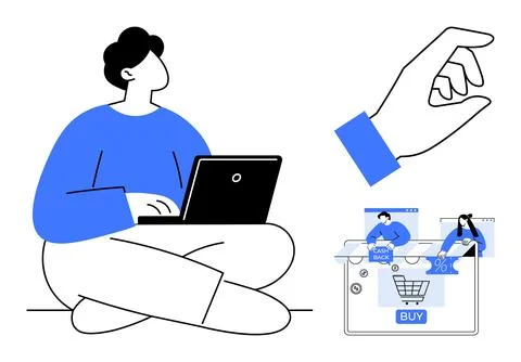 Person using a laptop while a hand gesture selects products with BUY button a Stock Illustration