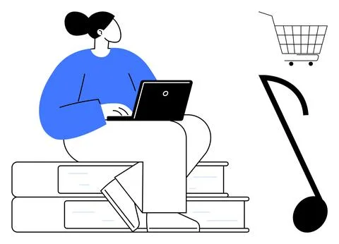 Person using laptop while sitting on stack of books. Shopping cart and check  Stock Illustration