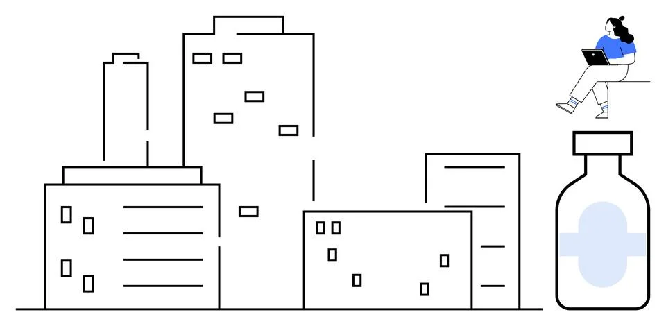 Person using laptop while sitting, positioned above cityscape of tall buildin 스톡 일러스트
