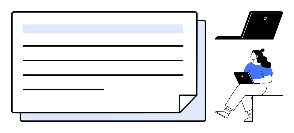 Person using laptop while sitting next to large documents. Laptop in backgrou Stock Illustration
