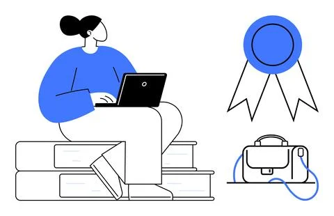 Person using laptop while sitting on large books nearby are a blue award ribb Stock Illustration