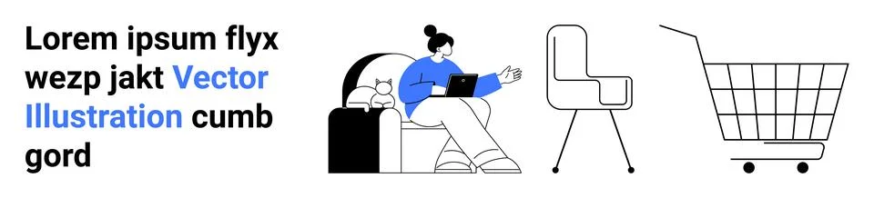 Person using laptop while sitting on couch, chair next to them, shopping cart Stock Illustration