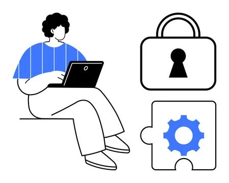 Person using a laptop while sitting, next to a security lock and a gear puzzl Stock Illustration