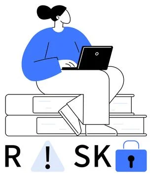 Person Using Laptop While Sitting on Books with Risk Icon and Padlock Symbo.. Stockillustratie