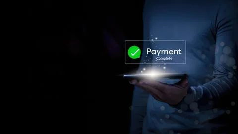 Person using mobile phone with payment confirmation icon Stock Photos