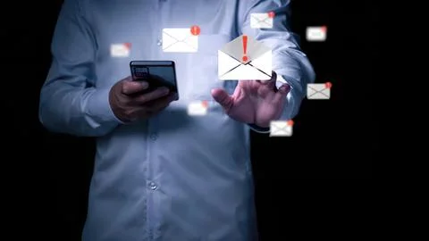 Person using phone sending emails with notifications Stock Photos