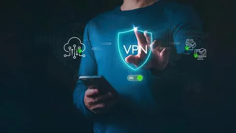 Person using phone with vpn security shield and icons Stock Photos