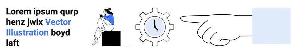 Person using phone while sitting on a block, gear clock symbolizing time, and Illustrazione stock