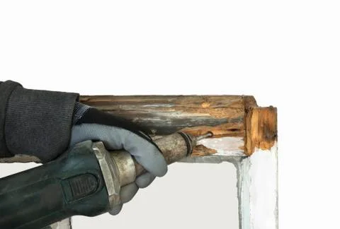 Person using a router while restoring and preserving sash windows Stock Photos