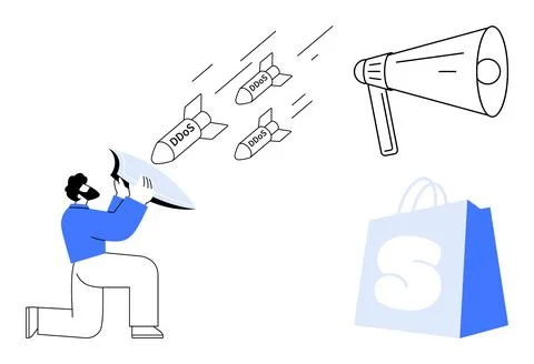 A person using a shield to defend against DDoS-labelled missiles while a mega Illustrazione stock