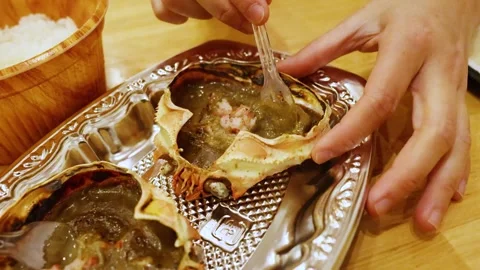 Person using small fork to scoop delicious crab innards from shell in a clo.. Stock-Footage 333094547
