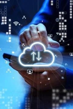 Person using smartphone to access cloud services and data management in a 写真素材