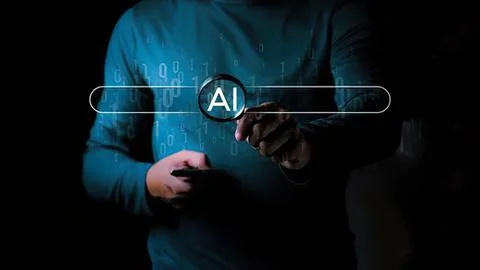 Person using smartphone with ai concept glowing interface Stock Photos