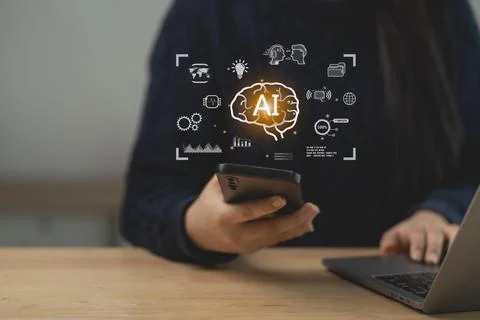 Person Using Smartphone with AI Elements, Innovative Technology Concept, Di.. Stock Photos