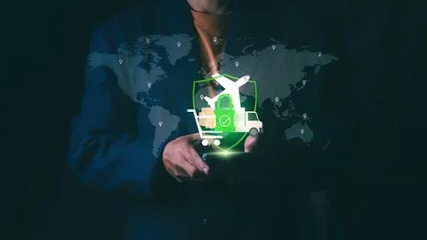 Person using smartphone with delivery drone and map Stock Photos