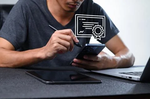 Person Using Smartphone for Digital Certification Process Stock Photos