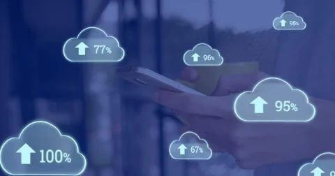 Person using smartphone with digital cloud icons showing upload progress Fotos de archivo