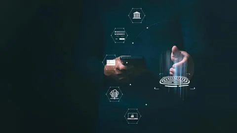 Person using smartphone with digital security icons Stock Photos