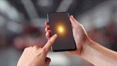 Person using smartphone with glowing screen in indoor setting Stock Photos