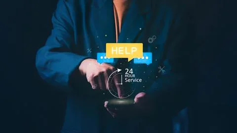Person using smartphone with help and support icons Stock Photos