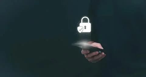 Person using smartphone with lock and security icon Stock Photos