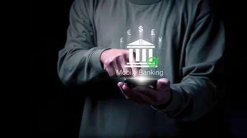 Person using smartphone for mobile banking with bank icon Stock Photos
