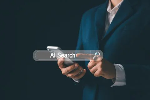 Person using smartphone, touching virtual AI search bar, representing artif.. Stock Photos