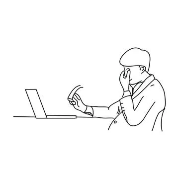 Person using smartphone while sitting at desk with laptop Illustrazione stock