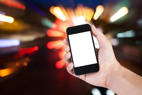 Person using smartphone white screen holder on hand with blurry background bo Stock Photos