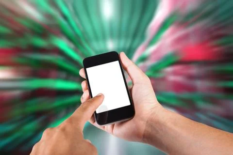 Person using smartphone white screen holder on hand with blurry background of Stock Photos