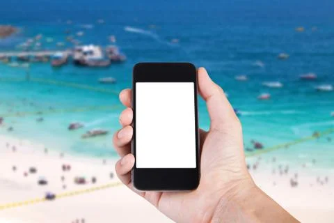 Person using smartphone white screen holder on hand with blurry background of Stock Photos