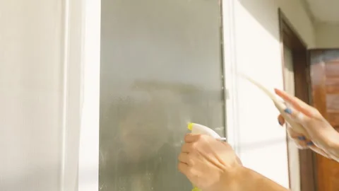 Person Using Spray Bottle and Squeegee to Clean Window Surface from Side View Stock Footage 315171733