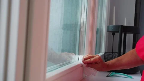 A person is using a squeegee to clean a window, removing water droplets from the Stock Footage 330889975