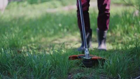 A person is using a string trimmer while tending to a beautifully lush green Stock Footage 312073978