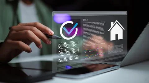 Person using stylus to check real estate data on digital interface. Concept.. Foto stock