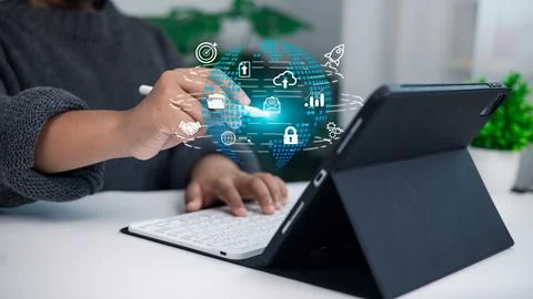 Person using stylus on tablet with digital globe, business technology, glob.. Foto stock