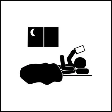 Person using a tab in bed at night under a crescent moon silhouette Stock Illustration