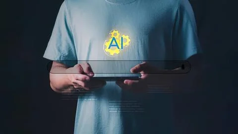 Person using tablet with ai gear icon on dark background 스톡 사진