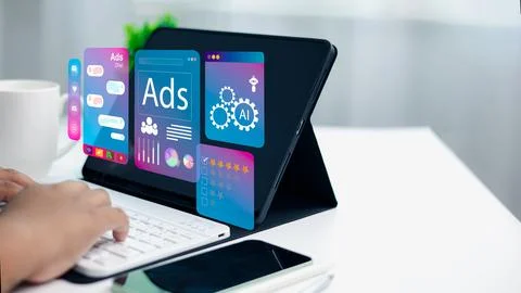 Person using tablet with digital ads, AI, social media, and data analysis i.. Stock Photos