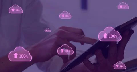 Person using tablet with digital cloud icons showing data upload progress Stock Photos