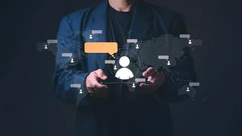 Person using a tablet with digital icons and technology Stock Photos