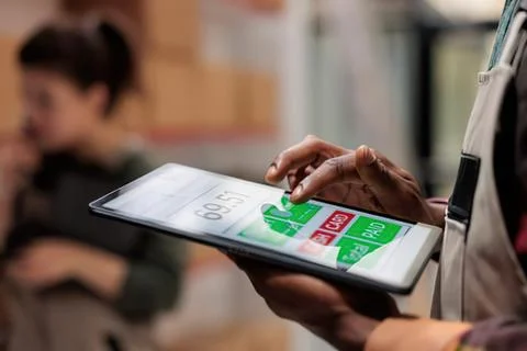 Person using tablet with digital lock screen Stock Photos